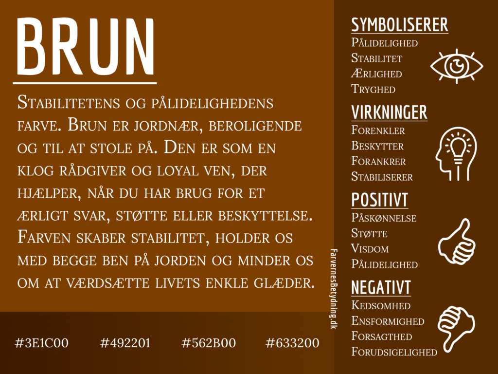 Infografik om farven brun og dens betydning, med symbolik, virkninger samt positive og negative egenskaber.