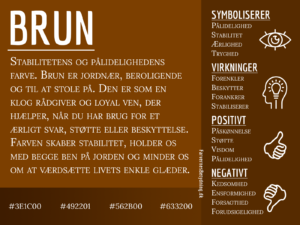 Infografik om farven brun og dens betydning, med symbolik, virkninger samt positive og negative egenskaber.