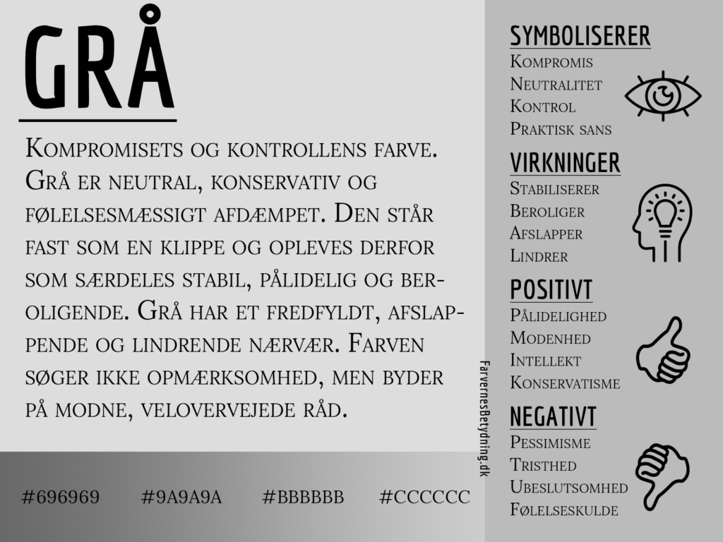 Infografik om farven grå og dens betydning, med symbolik, virkninger samt positive og negative egenskaber.