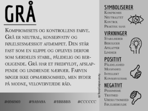 Infografik om farven grå og dens betydning, med symbolik, virkninger samt positive og negative egenskaber.