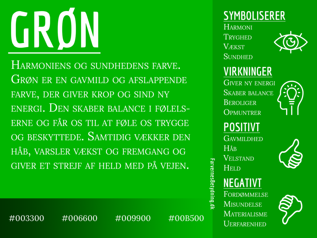 Infografik om farven grøn og dens betydning, med symbolik, virkninger samt positive og negative egenskaber.