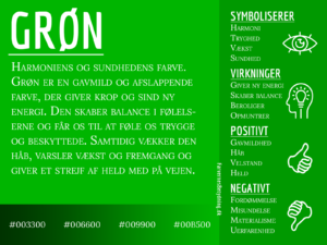 Infografik om farven grøn og dens betydning, med symbolik, virkninger samt positive og negative egenskaber.