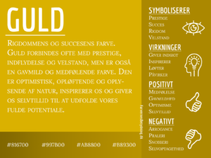 Infografik om farven guld og dens betydning, med symbolik, virkninger samt positive og negative egenskaber.
