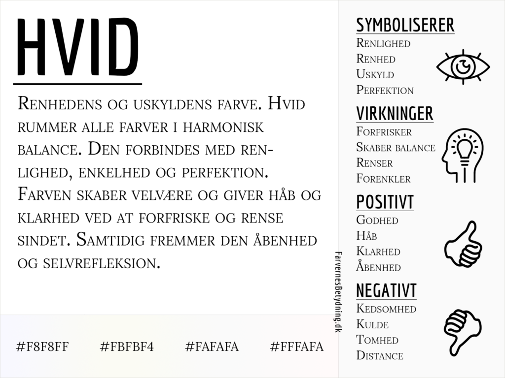 Infografik om farven hvid og dens betydning, med symbolik, virkninger samt positive og negative egenskaber.