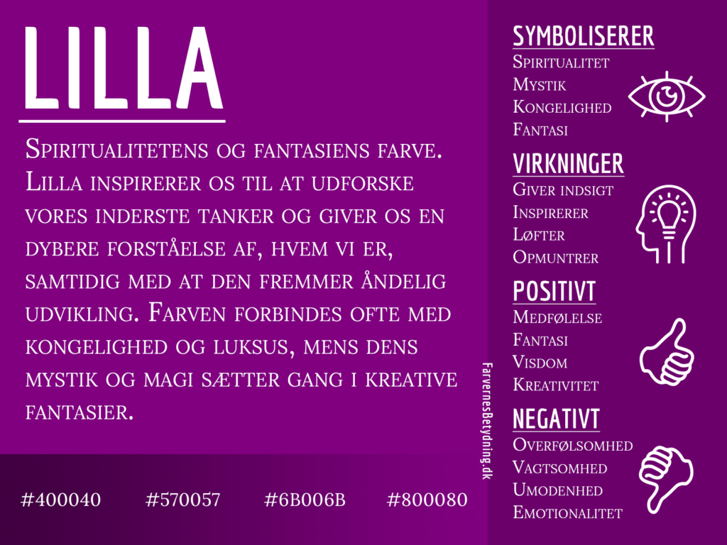 Infografik om farven lilla og dens betydning, med symbolik, virkninger samt positive og negative egenskaber.