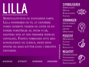 Infografik om farven lilla og dens betydning, med symbolik, virkninger samt positive og negative egenskaber.