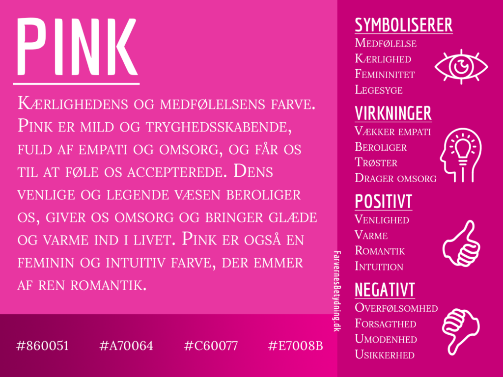 Infografik om farven pink og dens betydning, med symbolik, virkninger samt positive og negative egenskaber.