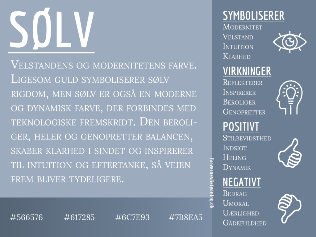 Infografik om farven sølv og dens betydning, med symbolik, virkninger samt positive og negative egenskaber.