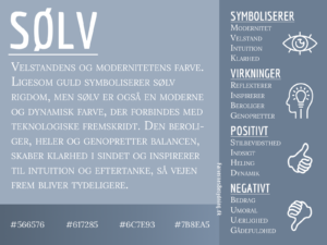Infografik om farven sølv og dens betydning, med symbolik, virkninger samt positive og negative egenskaber.