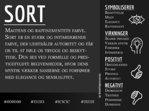 Infografik om farven sort og dens betydning, med symbolik, virkninger samt positive og negative egenskaber.